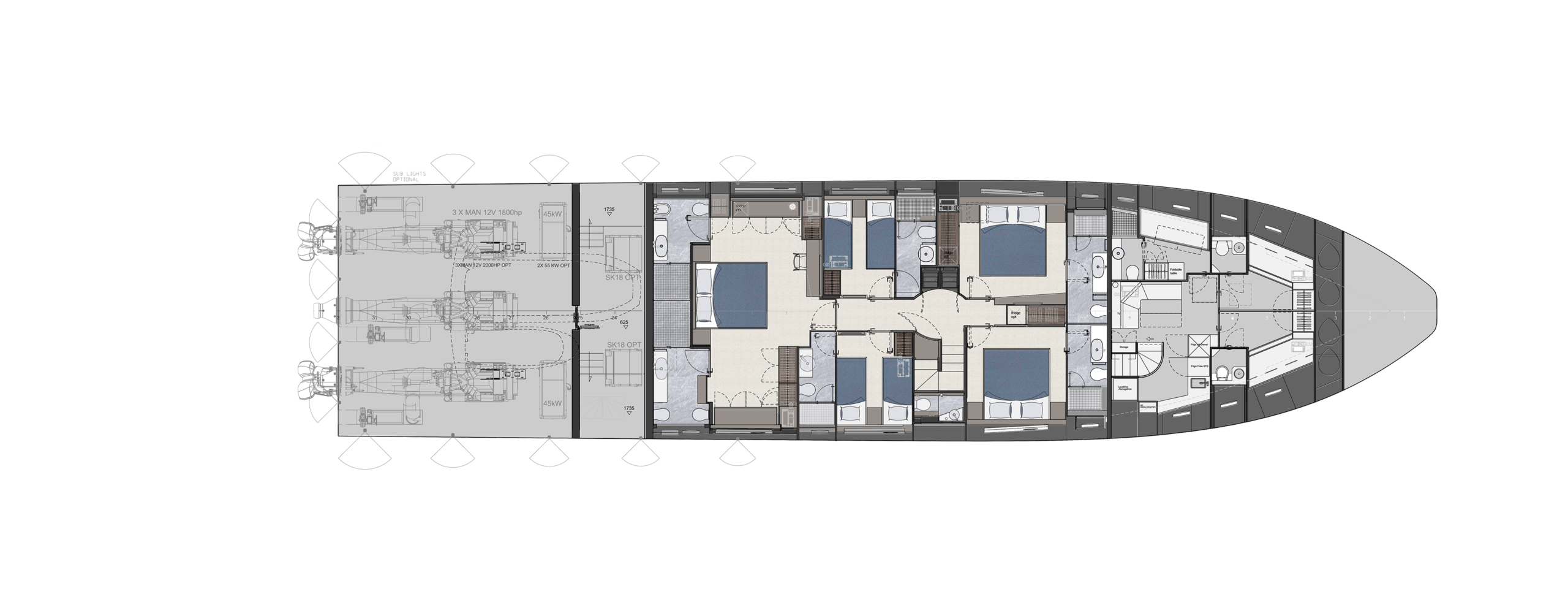 Pershing GTX116 Yacht For Sale In India Layout Lower Deck